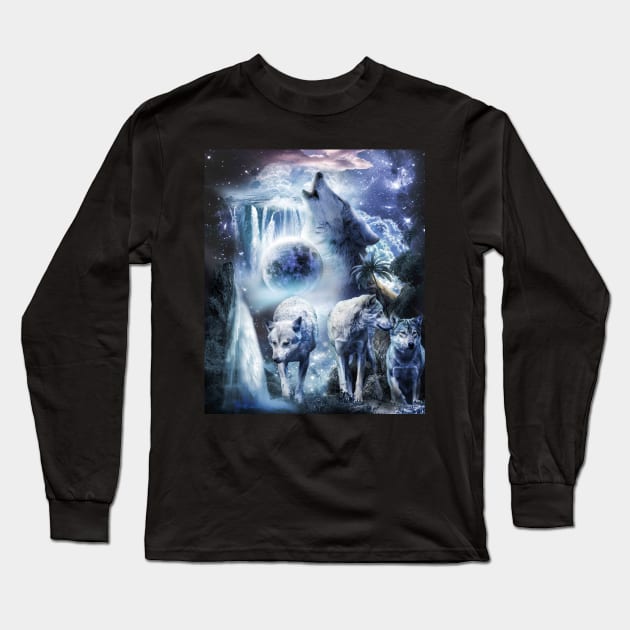 Tropical Wolves Wolf Howling At Moon Long Sleeve T-Shirt by Random Galaxy